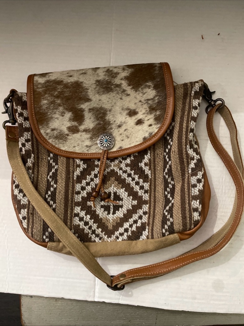 Myra Bag Handwoven Brown Patterned Crossbody Bag with Cowhide Flap boho country